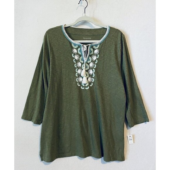 Talbots Top Womens Large Olive Green Embroidered Split Neck Tunic Tassel Boho - Picture 2 of 7